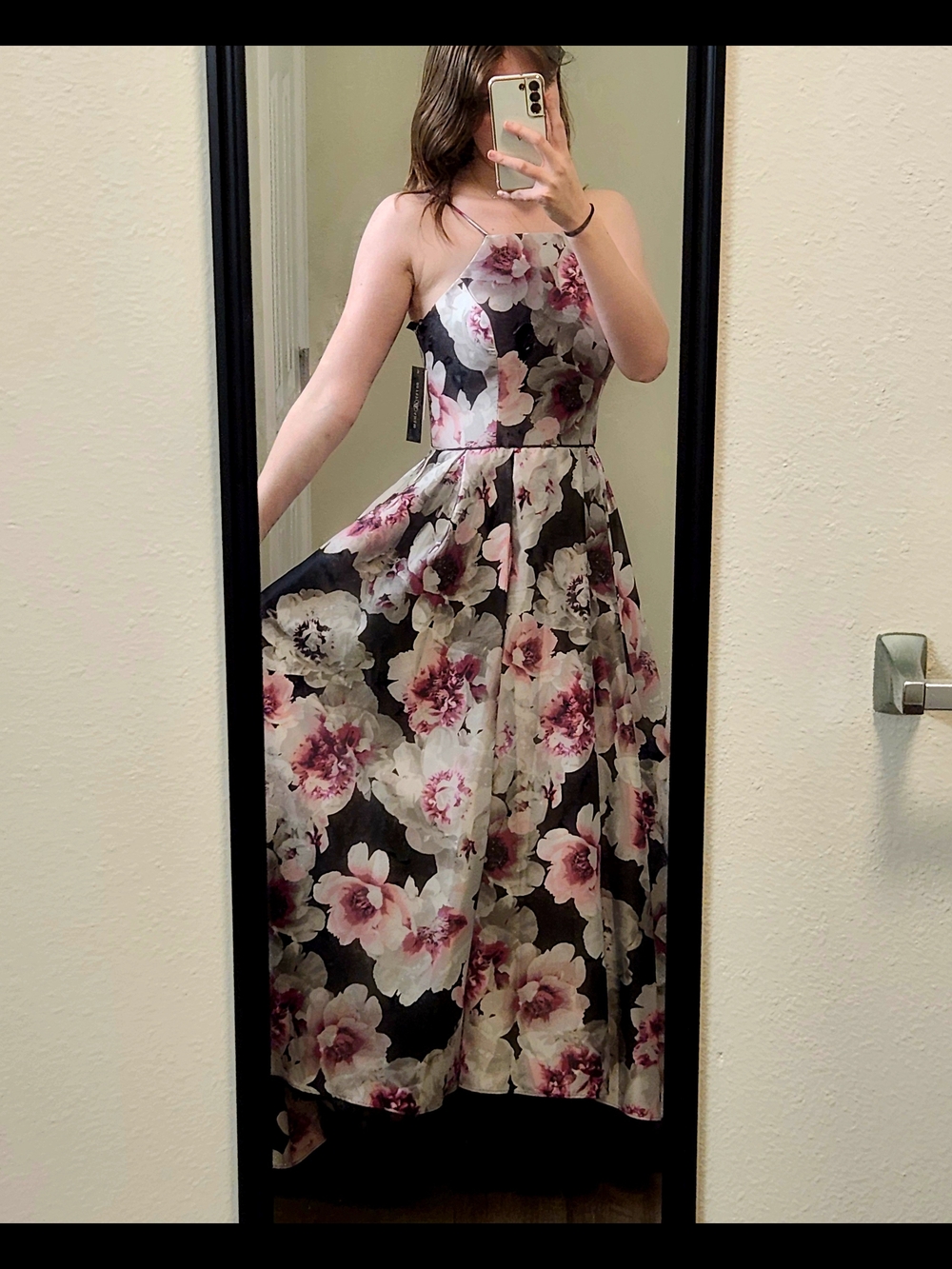 Betsy & Adam Black Maxi Dress with Pink and Cream Floral Print